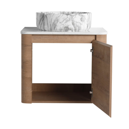 Modern Wall-Mounted Bathroom Vanity with White Stone Top & Ceramic Art Sink – Imitative Oak - 1st Choice Furniture Direct