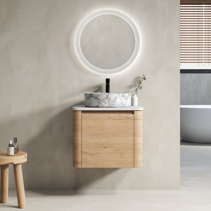 Modern Wall-Mounted Bathroom Vanity with White Stone Top & Ceramic Art Sink – Imitative Oak - 1st Choice Furniture Direct