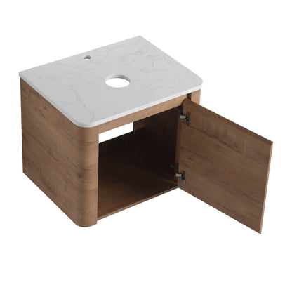 Modern Wall-Mounted Bathroom Vanity with White Stone Top & Ceramic Art Sink – Imitative Oak - 1st Choice Furniture Direct