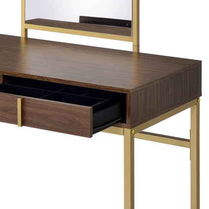 Modern Walnut Vanity Desk with Mirror and Gold Metal Frame - 1st Choice Furniture Direct
