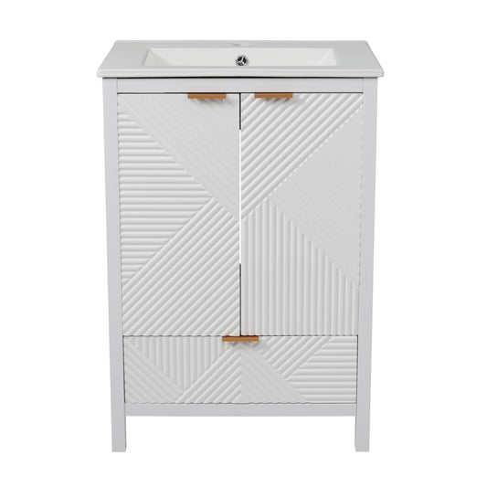 Modern White Bathroom Vanity with Sink Combo, 24 Inches, Textured Door Panels, Soft Close Drawer, Pine Legs, Ceramic Undermount Sink, MDF & Solid Wood Construction - 1st Choice Furniture Direct