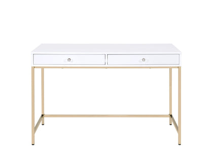 Modern White High-Gloss Writing Desk with Gold Metal Legs - 1st Choice Furniture Direct