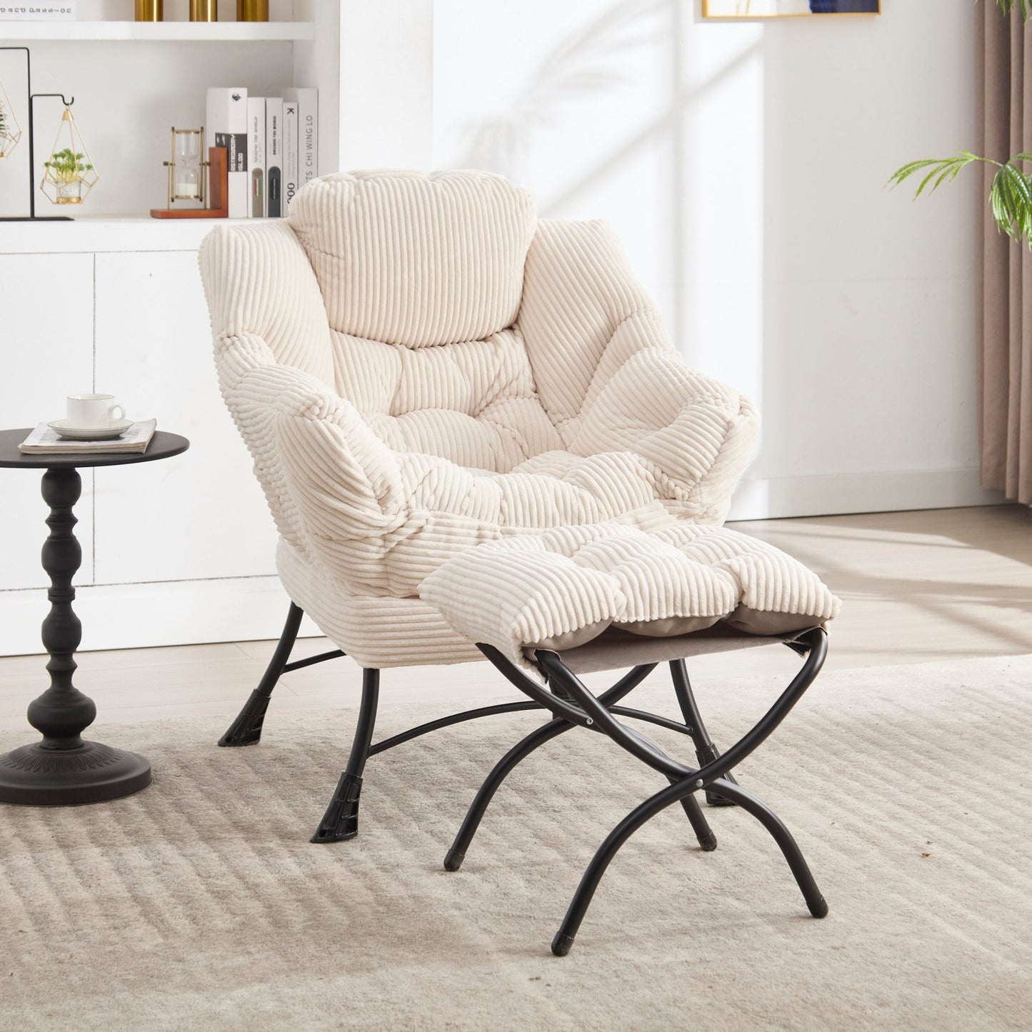 Modern White Lazy Chair with Ottoman and Side Storage Pocket - 1st Choice Furniture Direct