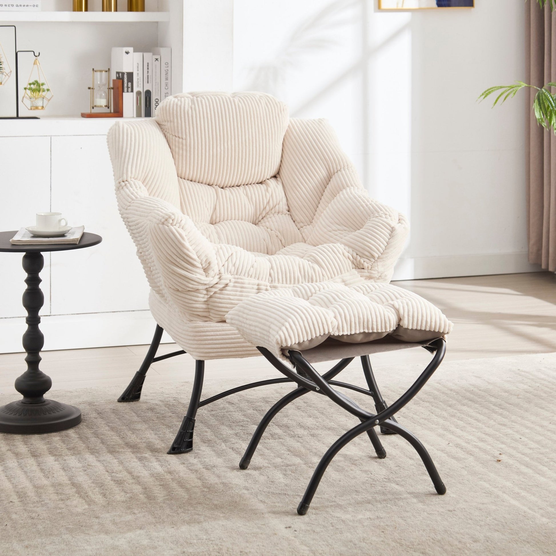 Modern White Lazy Chair with Ottoman and Side Storage Pocket - 1st Choice Furniture Direct