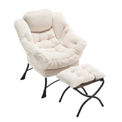 Modern White Lazy Chair with Ottoman and Side Storage Pocket - 1st Choice Furniture Direct