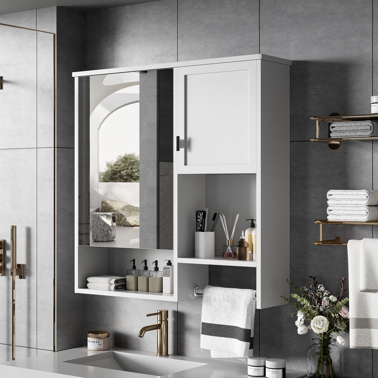 Modern White Wall - Mounted Bathroom Medicine Cabinet with Mirror, 29'' x 28'' Storage Cabinet with Adjustable Shelves and Towel Bar, MDF and Glass Construction - 1st Choice Furniture Direct