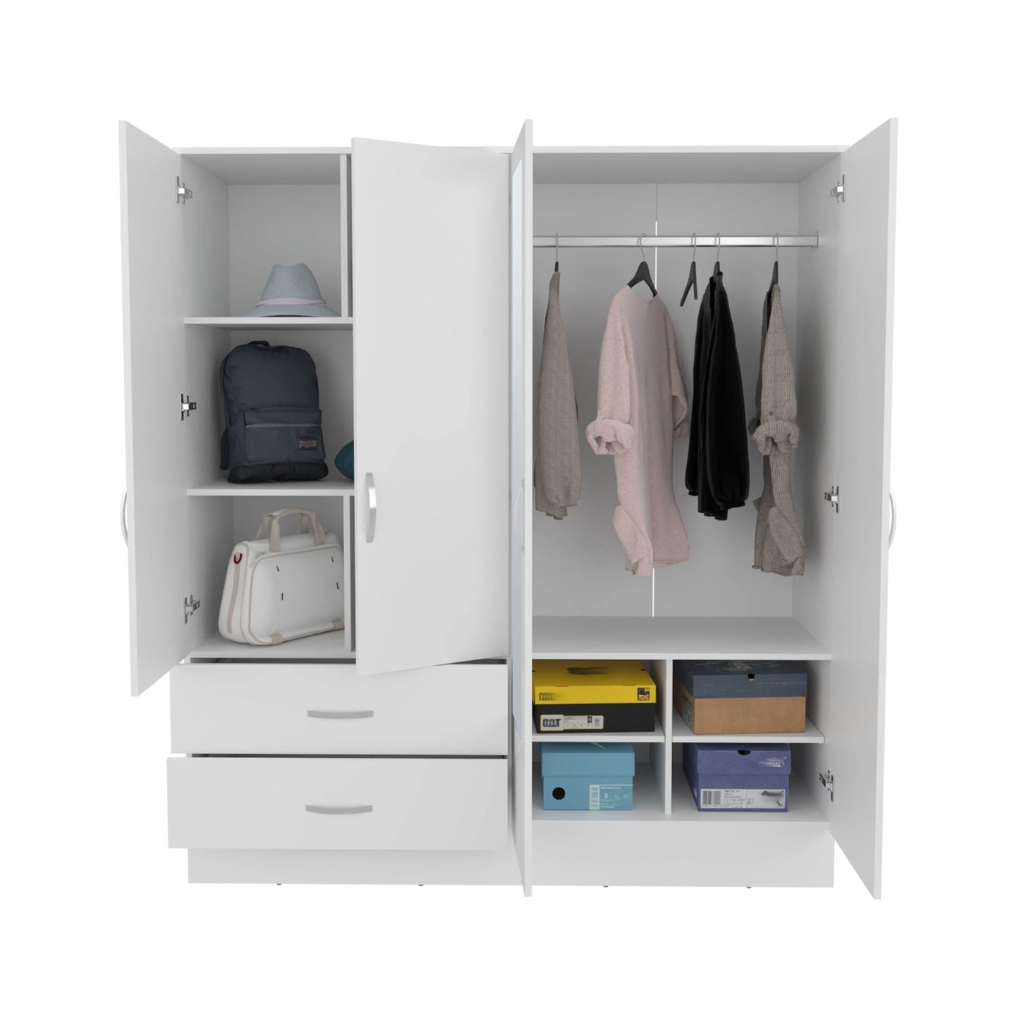 Modern White Wardrobe Armoire with Mirrors – Bedroom Storage Cabinet with Drawers - 1st Choice Furniture Direct