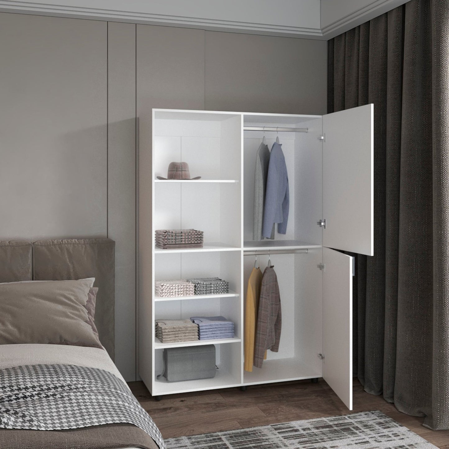 Modern White Wardrobe Cabinet with Hanging Rod & Shelves - 1st Choice Furniture Direct