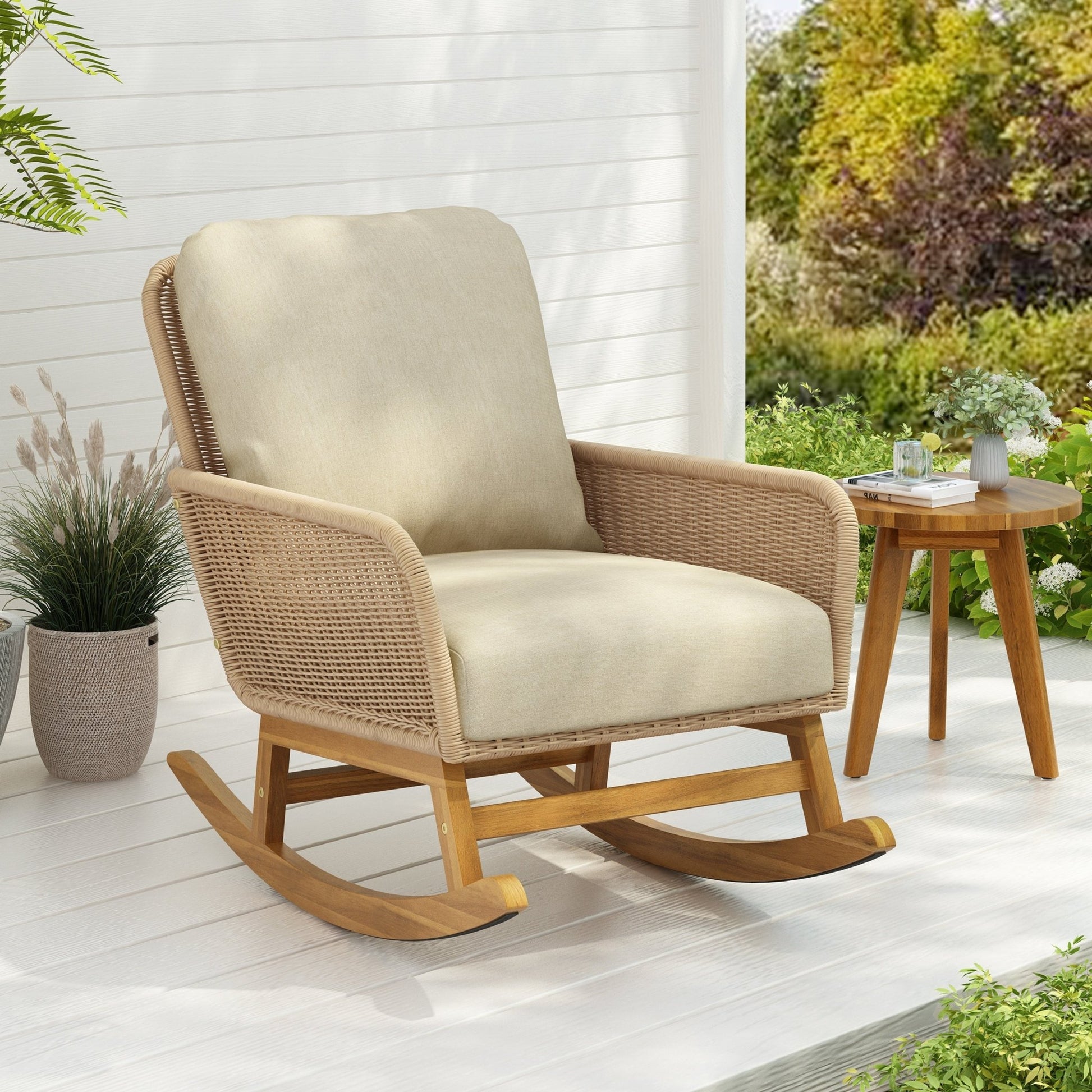 Modern Wicker Rocking Chair with Cushions | Beige Indoor/Outdoor Accent Chair with Wooden Frame - 1st Choice Furniture Direct