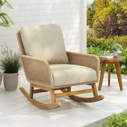 Modern Wicker Rocking Chair with Cushions | Beige Indoor/Outdoor Accent Chair with Wooden Frame - 1st Choice Furniture Direct