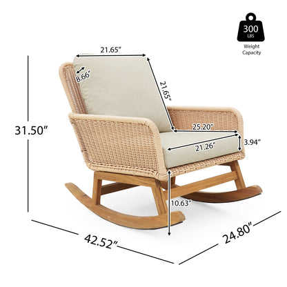 Modern Wicker Rocking Chair with Cushions | Beige Indoor/Outdoor Accent Chair with Wooden Frame - 1st Choice Furniture Direct