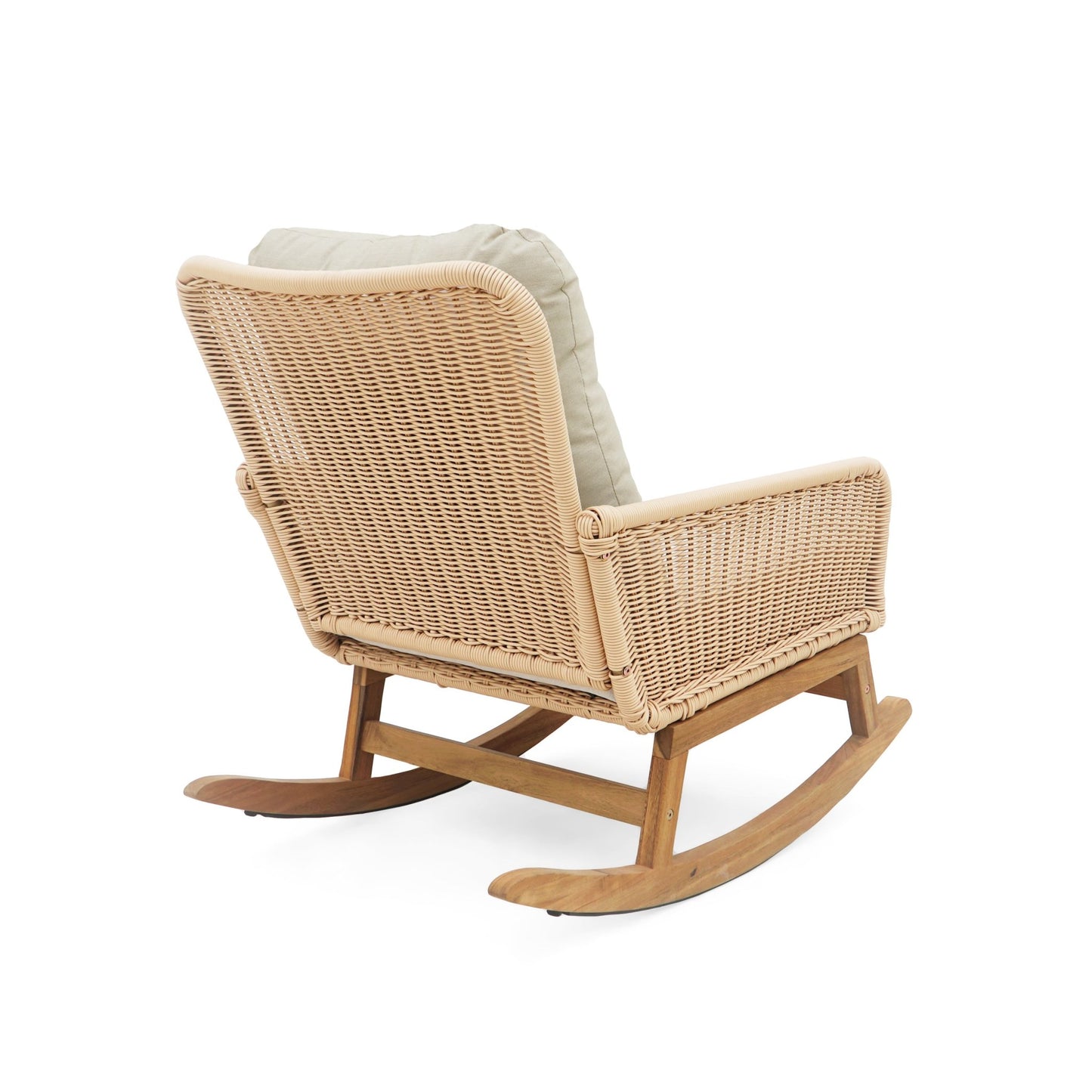 Modern Wicker Rocking Chair with Cushions | Beige Indoor/Outdoor Accent Chair with Wooden Frame - 1st Choice Furniture Direct