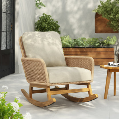 Modern Wicker Rocking Chair with Cushions | Beige Indoor/Outdoor Accent Chair with Wooden Frame - 1st Choice Furniture Direct