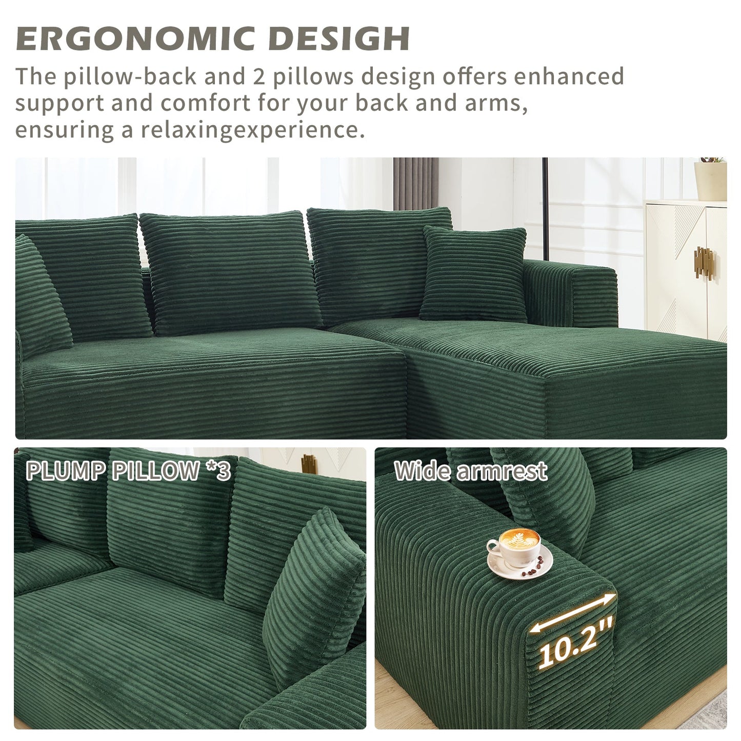 Modular Sectional Sofa Couches L - Shape Couch 2Seat Modular Sofa Memory Foam Sectional Couches for Living Room, Cloud Couch with Oversized Chaise (Green, Stripe (Right Facing Chaise)) - 1st Choice Furniture Direct