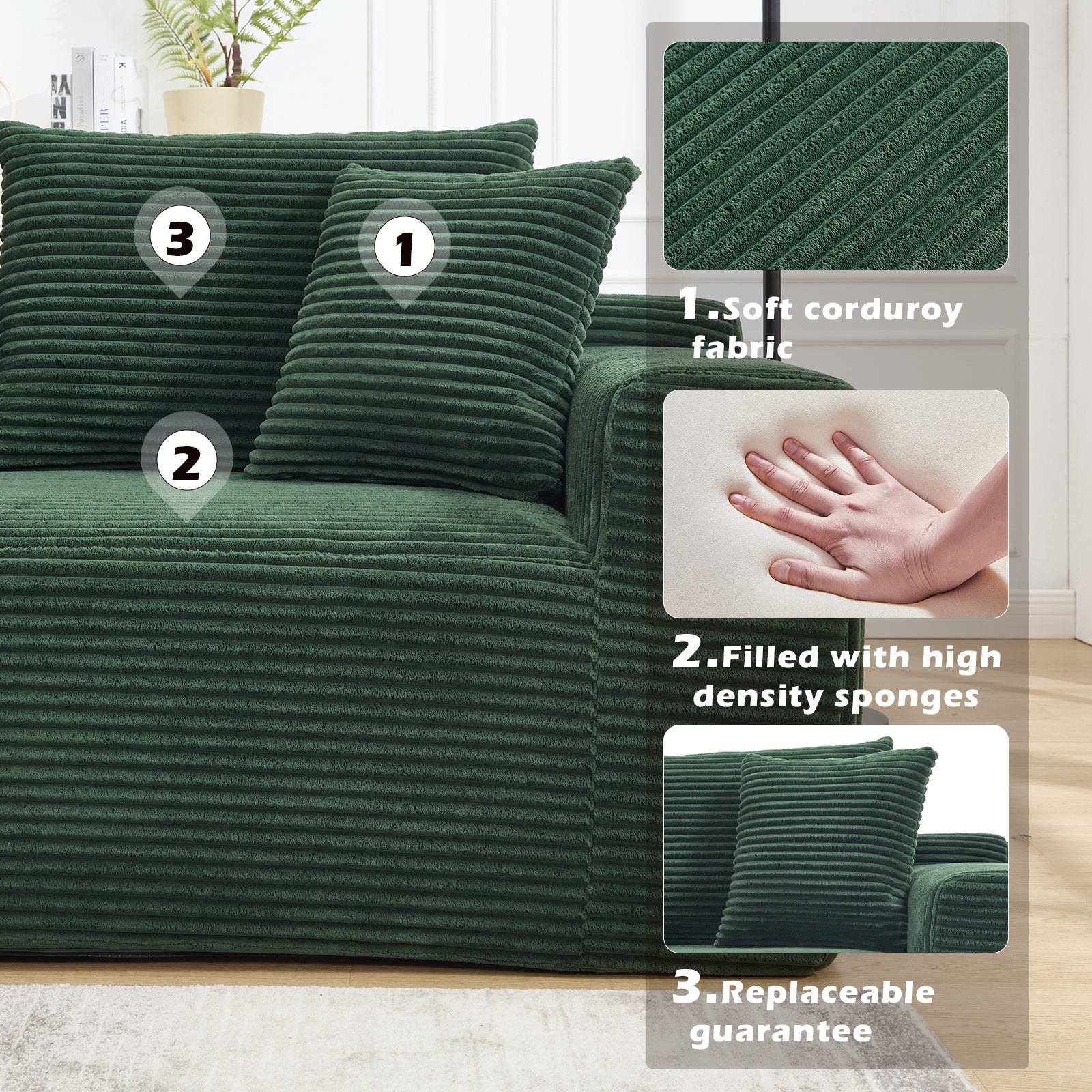 Modular Sectional Sofa Couches L - Shape Couch 2Seat Modular Sofa Memory Foam Sectional Couches for Living Room, Cloud Couch with Oversized Chaise (Green, Stripe (Right Facing Chaise)) - 1st Choice Furniture Direct