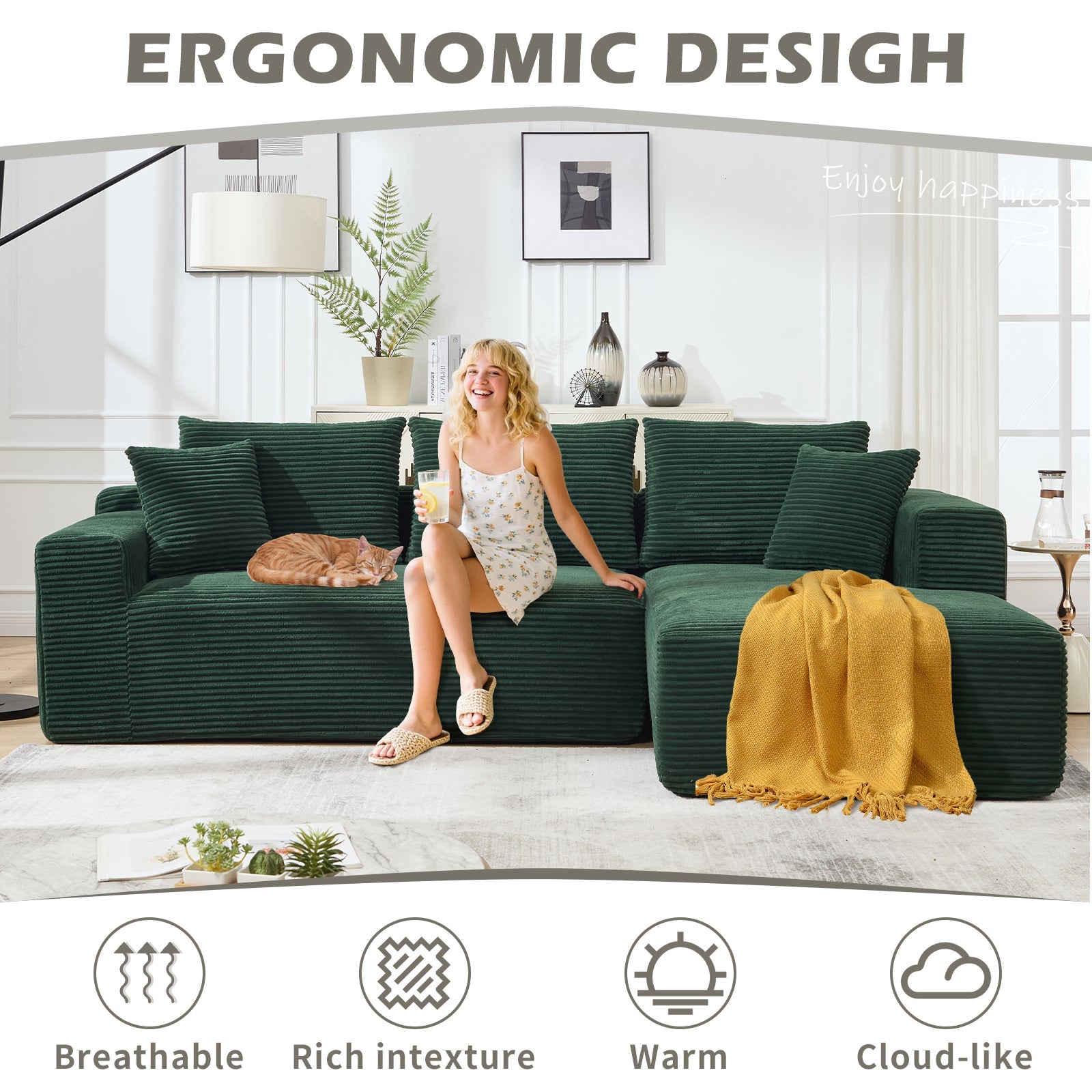 Modular Sectional Sofa Couches L - Shape Couch 2Seat Modular Sofa Memory Foam Sectional Couches for Living Room, Cloud Couch with Oversized Chaise (Green, Stripe (Right Facing Chaise)) - 1st Choice Furniture Direct