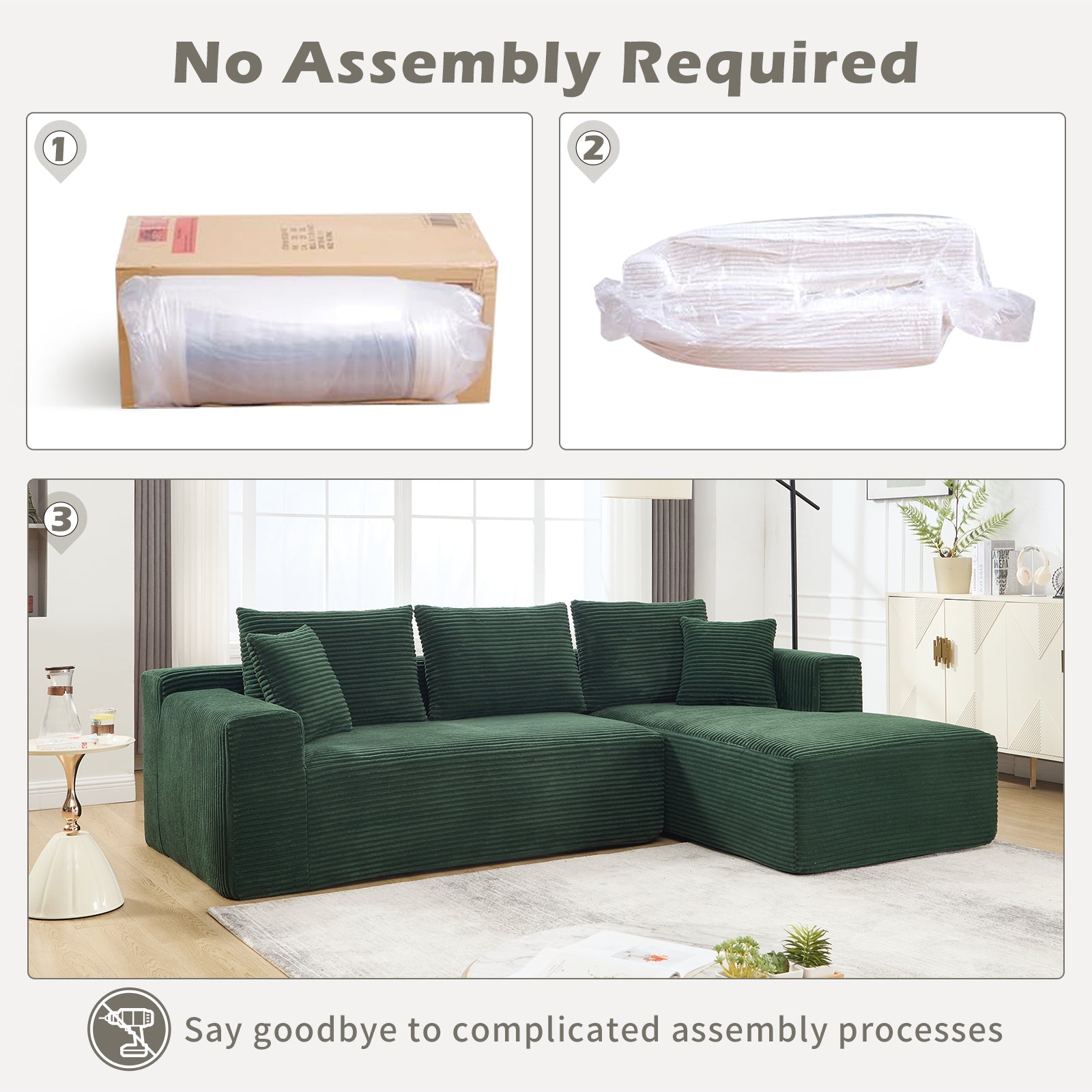 Modular Sectional Sofa Couches L - Shape Couch 2Seat Modular Sofa Memory Foam Sectional Couches for Living Room, Cloud Couch with Oversized Chaise (Green, Stripe (Right Facing Chaise)) - 1st Choice Furniture Direct