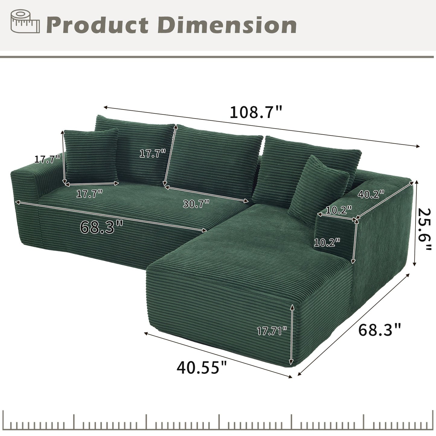 Modular Sectional Sofa Couches L - Shape Couch 2Seat Modular Sofa Memory Foam Sectional Couches for Living Room, Cloud Couch with Oversized Chaise (Green, Stripe (Right Facing Chaise)) - 1st Choice Furniture Direct