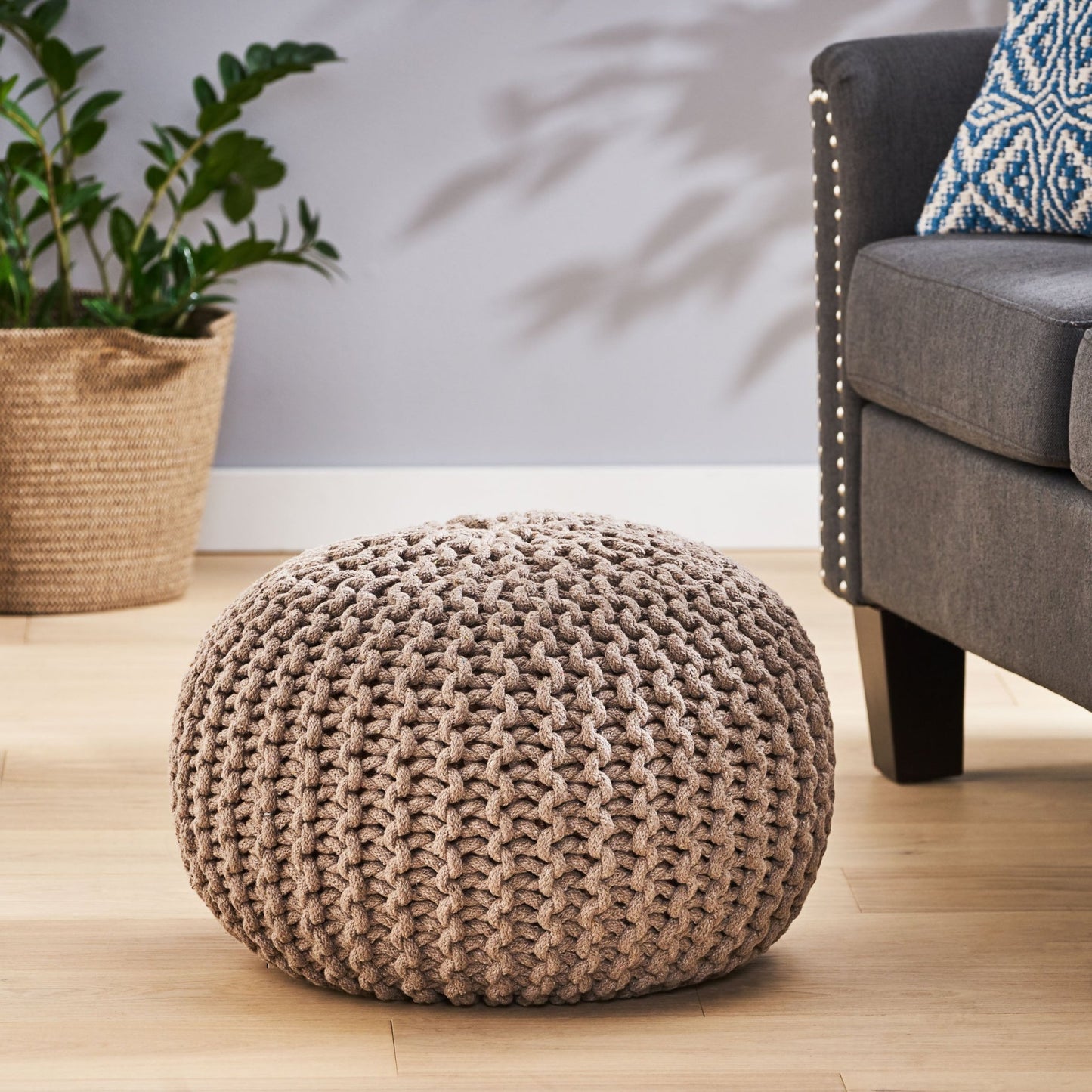 Moro Knitted Cotton Round Pouf with Pumpkin Shape in Brown, 20 x 20 inches - 1st Choice Furniture Direct