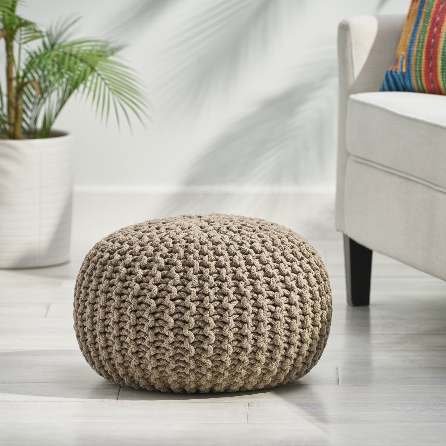 Moro Knitted Cotton Round Pouf with Pumpkin Shape in Brown, 20 x 20 inches - 1st Choice Furniture Direct
