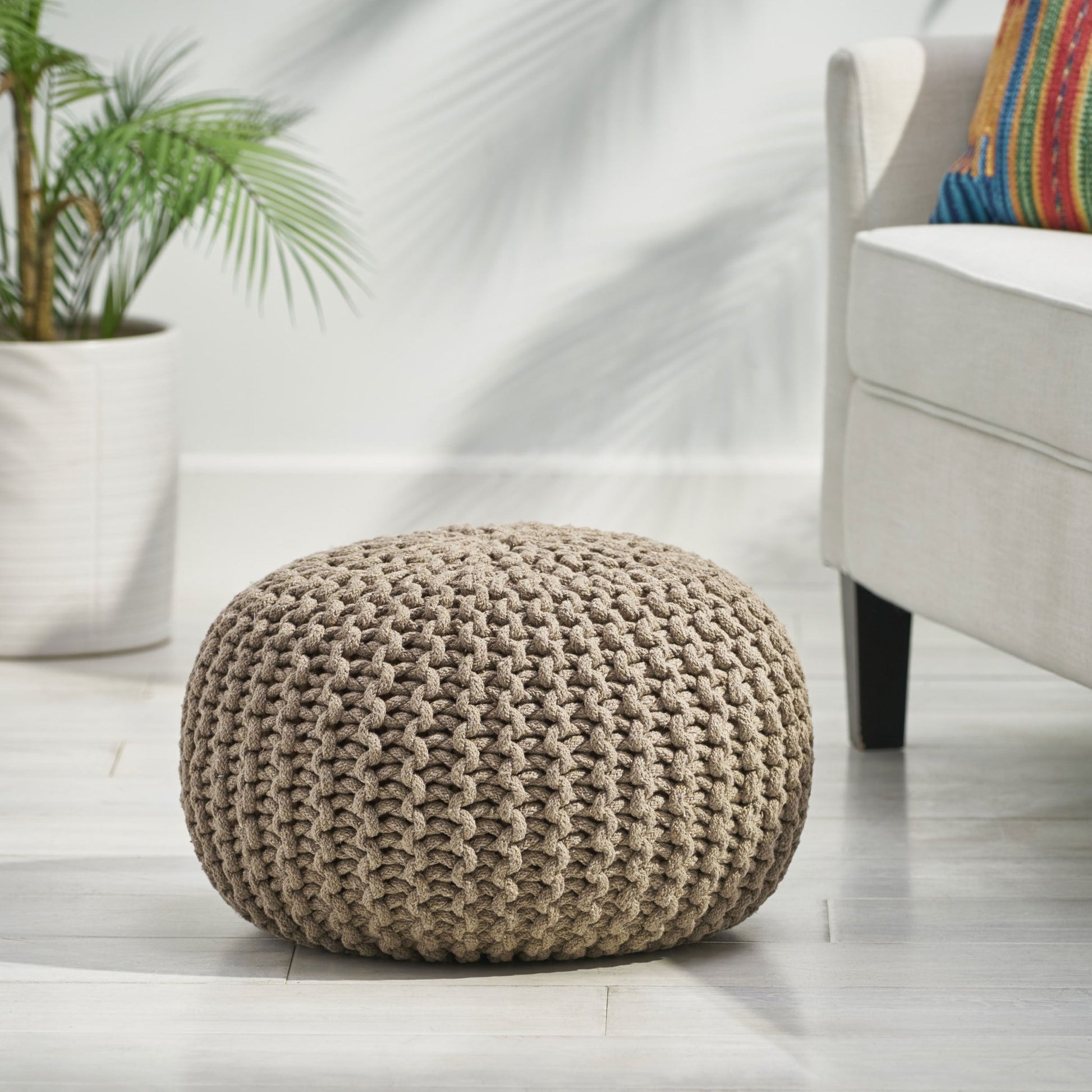 Moro Knitted Cotton Round Pouf with Pumpkin Shape in Brown, 20 x 20 inches - 1st Choice Furniture Direct