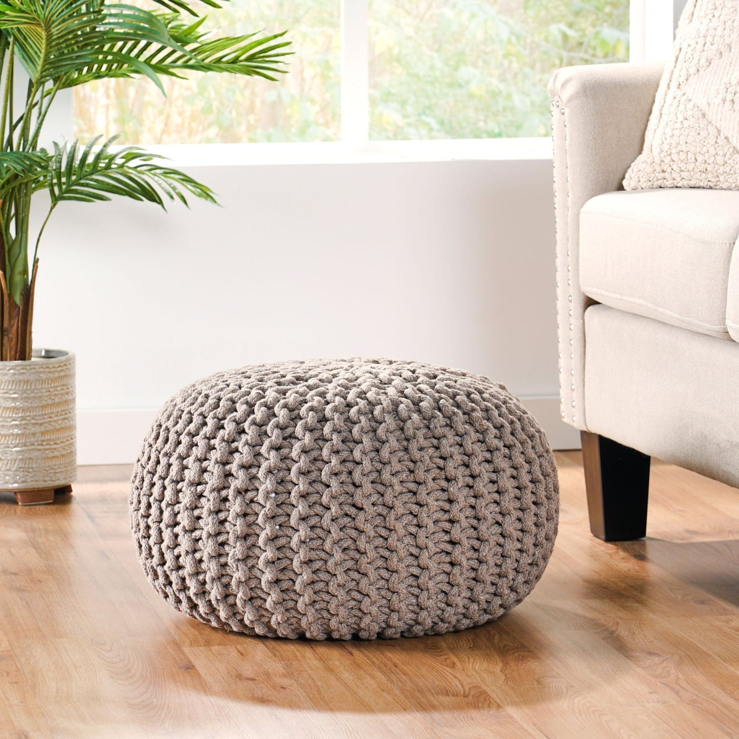 Moro Knitted Cotton Round Pouf with Pumpkin Shape in Brown, 20 x 20 inches - 1st Choice Furniture Direct
