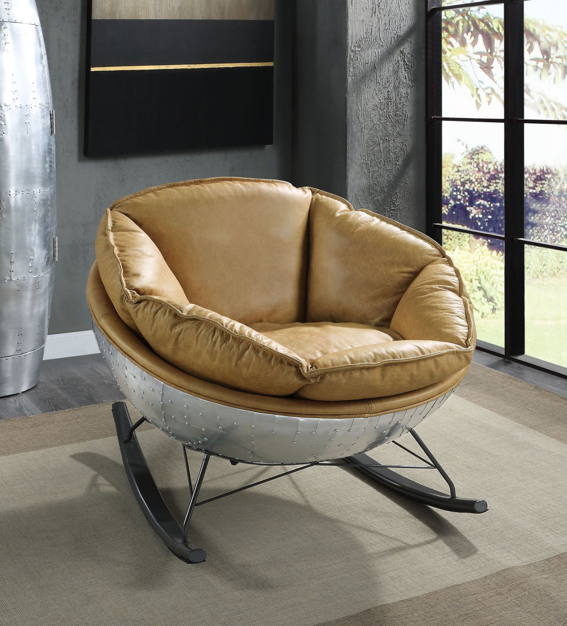 Morocco Brown Top Grain Leather Rocking Chair with Aluminum Base - 1st Choice Furniture Direct