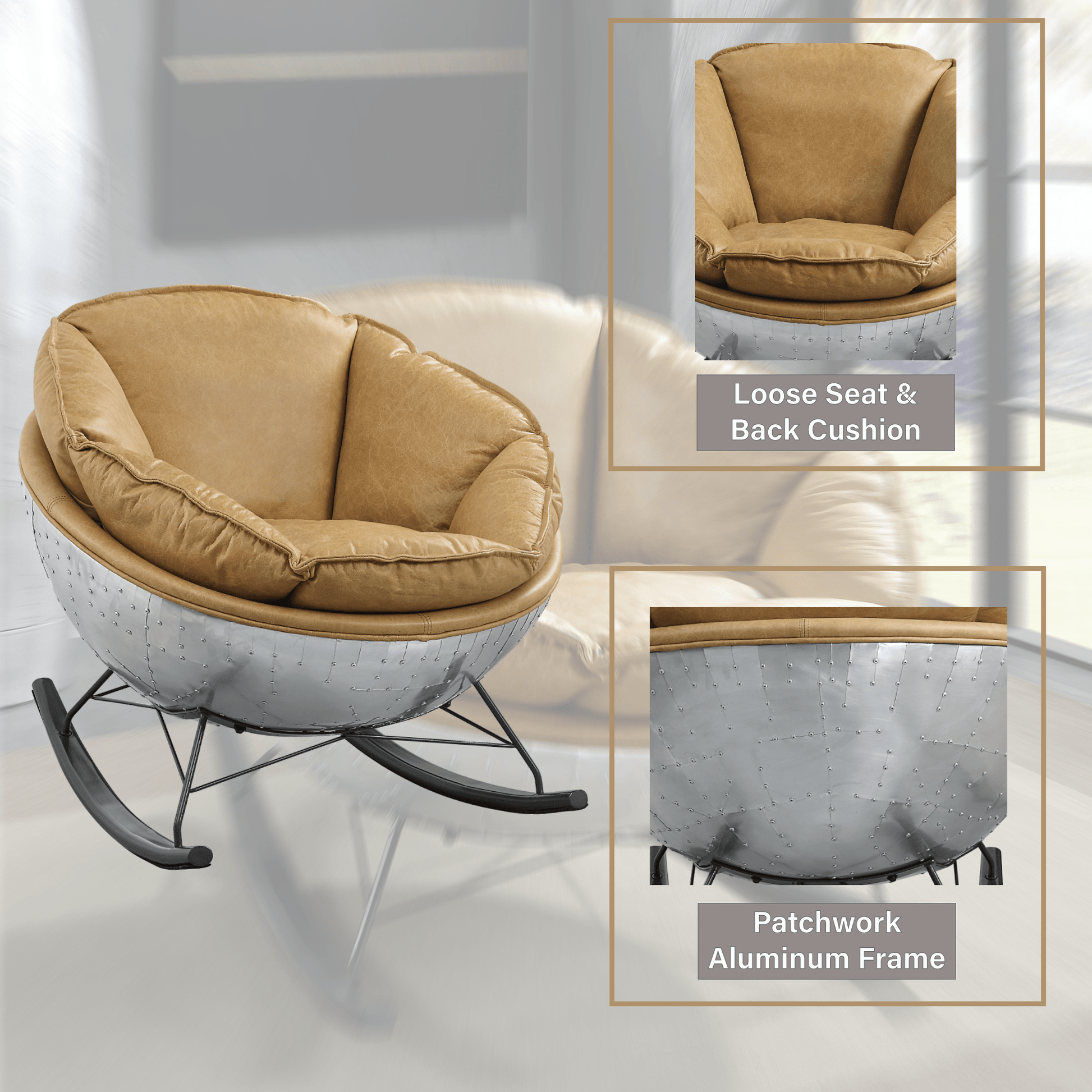 Morocco Brown Top Grain Leather Rocking Chair with Aluminum Base - 1st Choice Furniture Direct