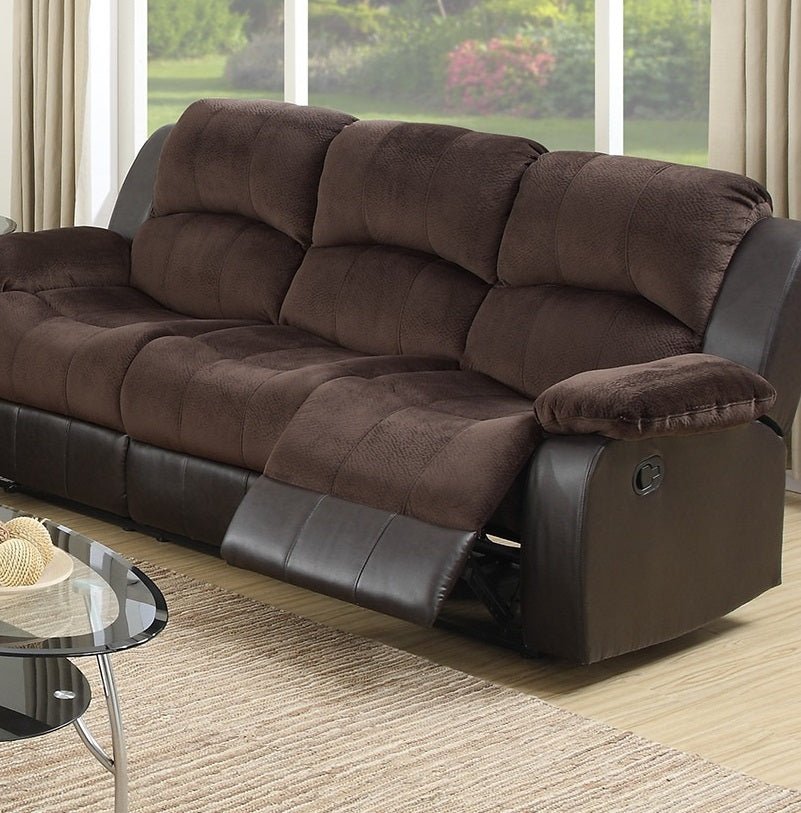 Motion Sofa 1pc Living Room Furniture Chocolate Padded Suede w. Faux Leather Plush Cushion 3 - Seat Couch - 1st Choice Furniture Direct