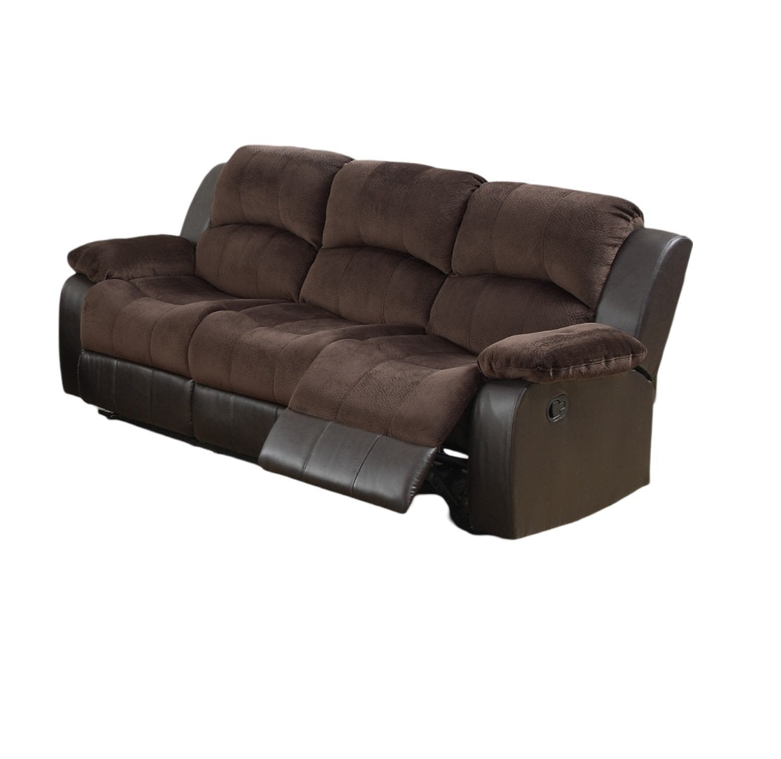 Motion Sofa 1pc Living Room Furniture Chocolate Padded Suede w. Faux Leather Plush Cushion 3 - Seat Couch - 1st Choice Furniture Direct