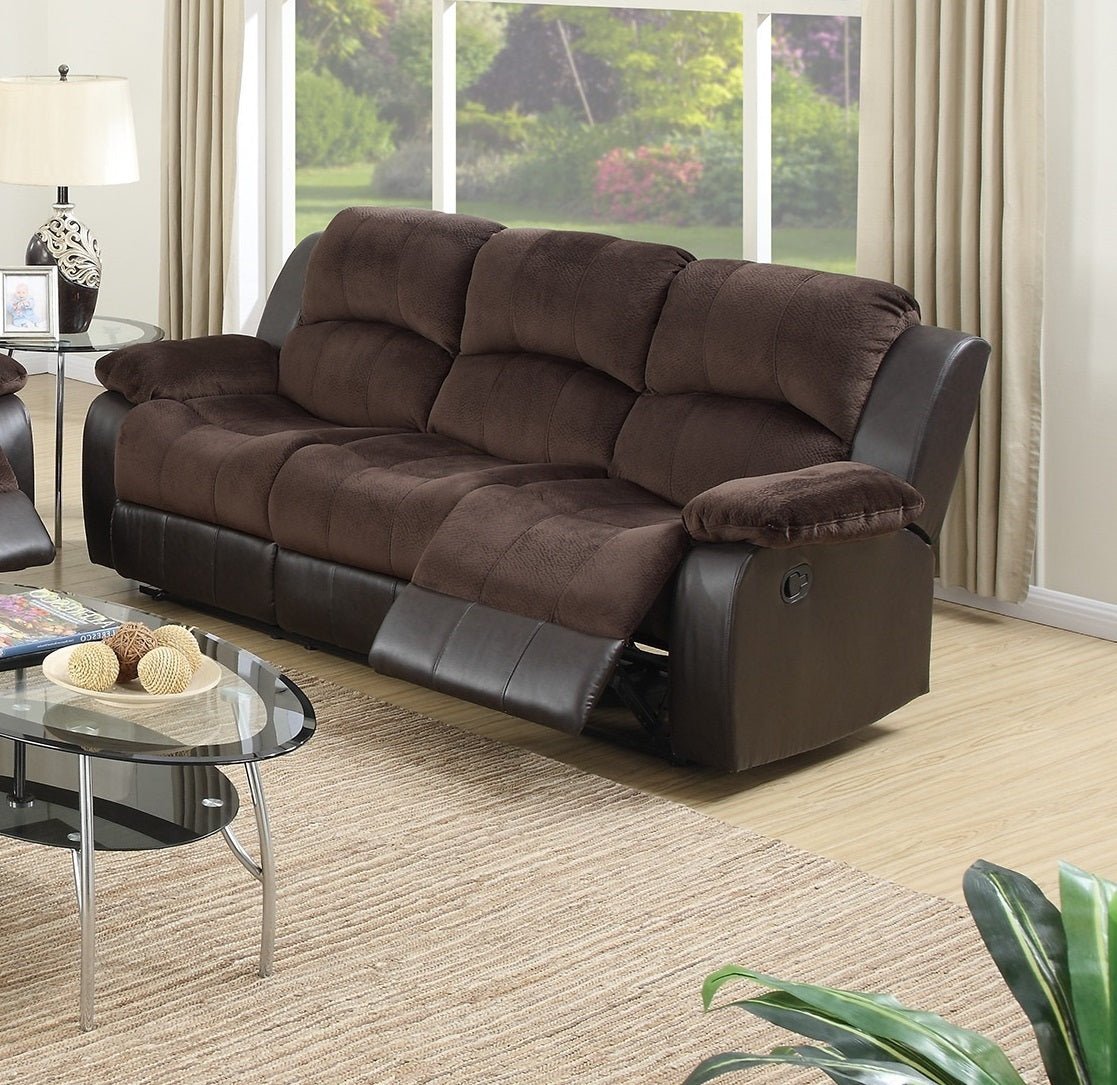 Motion Sofa 1pc Living Room Furniture Chocolate Padded Suede w. Faux Leather Plush Cushion 3 - Seat Couch - 1st Choice Furniture Direct