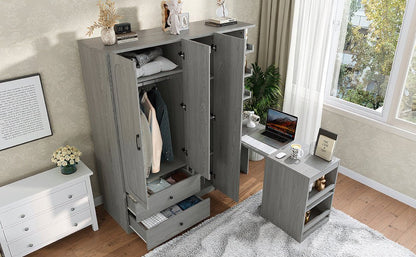 Multifunctional Wardrobe with 2 Doors and Hanging Rod, Wooden clothes closet with Convertible Desk and Storage Drawers, Multi - storage Spaces, for Bedroom, Cloak Room, Laundry, Gray - 1st Choice Furniture Direct