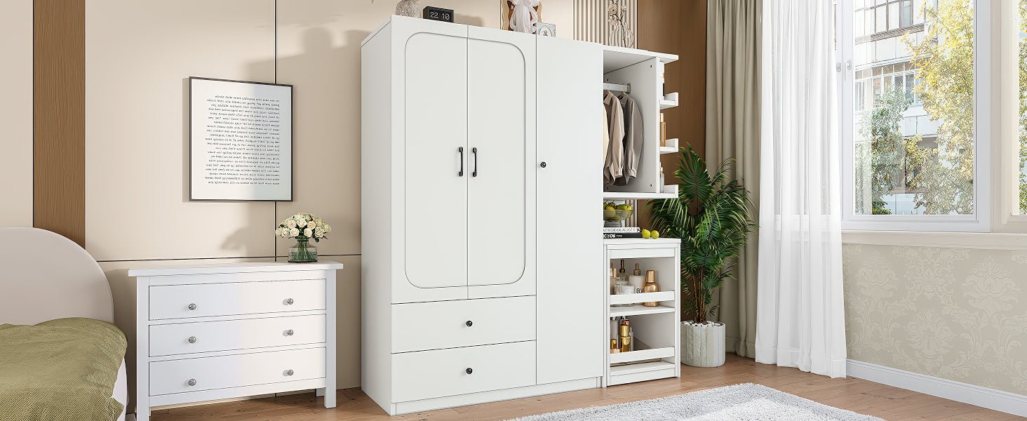 Multifunctional Wardrobe with 2 Doors and Hanging Rod, Wooden clothes closet with Convertible Desk and Storage Drawers, Multi - storage Spaces, for Bedroom, Cloak Room, Laundry, White - 1st Choice Furniture Direct