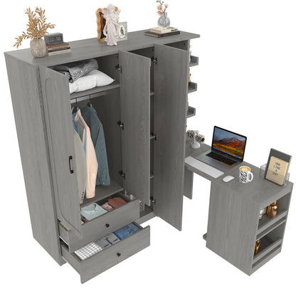 Multifunctional Wardrobe with 2 Doors and Hanging Rod, Wooden clothes closet with Convertible Desk and Storage Drawers, Multi - storage Spaces, for Bedroom, Cloak Room, Laundry, Gray - 1st Choice Furniture Direct