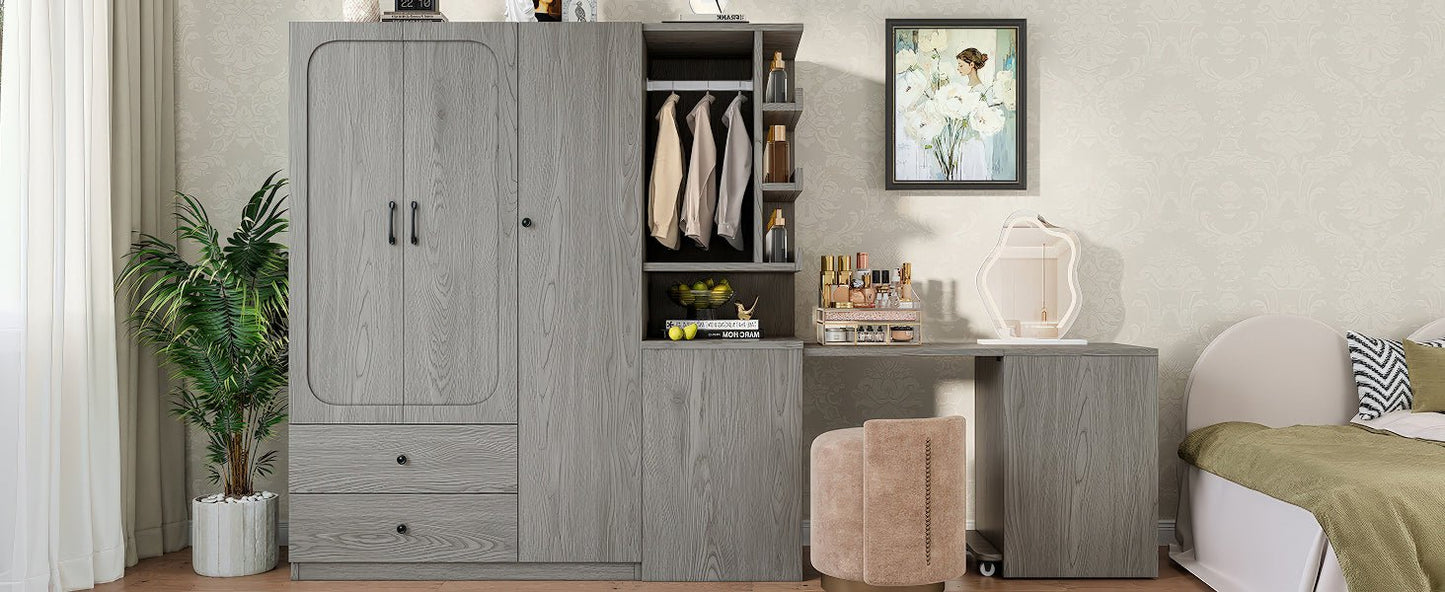 Multifunctional Wardrobe with 2 Doors and Hanging Rod, Wooden clothes closet with Convertible Desk and Storage Drawers, Multi - storage Spaces, for Bedroom, Cloak Room, Laundry, Gray - 1st Choice Furniture Direct