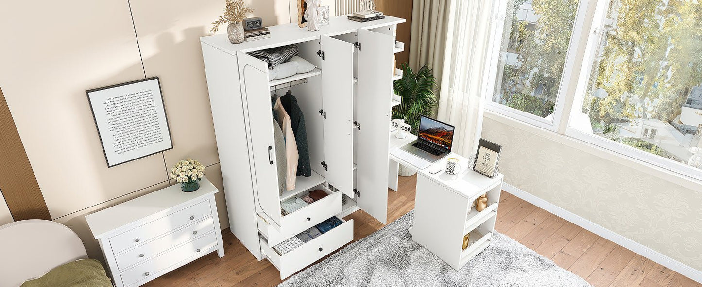 Multifunctional Wardrobe with 2 Doors and Hanging Rod, Wooden clothes closet with Convertible Desk and Storage Drawers, Multi - storage Spaces, for Bedroom, Cloak Room, Laundry, White - 1st Choice Furniture Direct