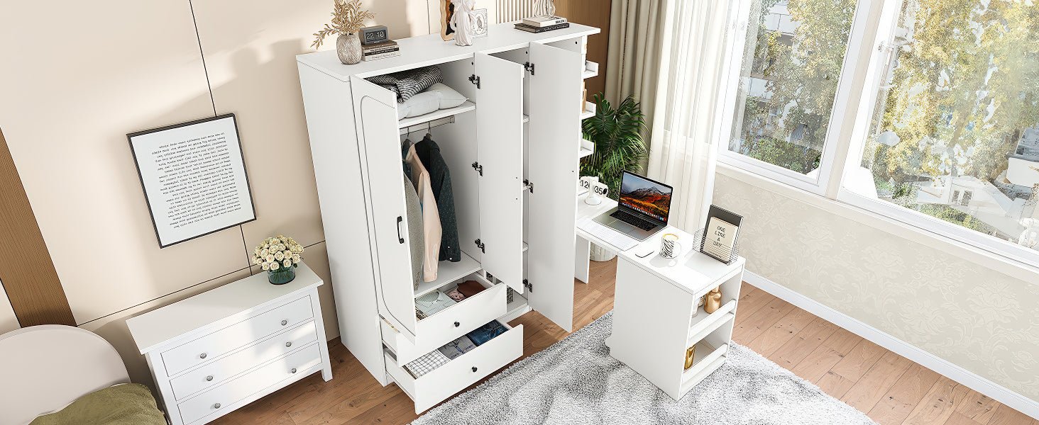 Multifunctional Wardrobe with 2 Doors and Hanging Rod, Wooden clothes closet with Convertible Desk and Storage Drawers, Multi - storage Spaces, for Bedroom, Cloak Room, Laundry, White - 1st Choice Furniture Direct