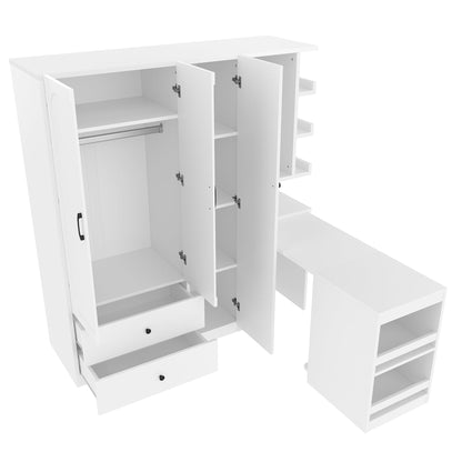 Multifunctional Wardrobe with 2 Doors and Hanging Rod, Wooden clothes closet with Convertible Desk and Storage Drawers, Multi - storage Spaces, for Bedroom, Cloak Room, Laundry, White - 1st Choice Furniture Direct