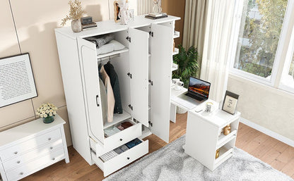 Multifunctional Wardrobe with 2 Doors and Hanging Rod, Wooden clothes closet with Convertible Desk and Storage Drawers, Multi - storage Spaces, for Bedroom, Cloak Room, Laundry, White - 1st Choice Furniture Direct