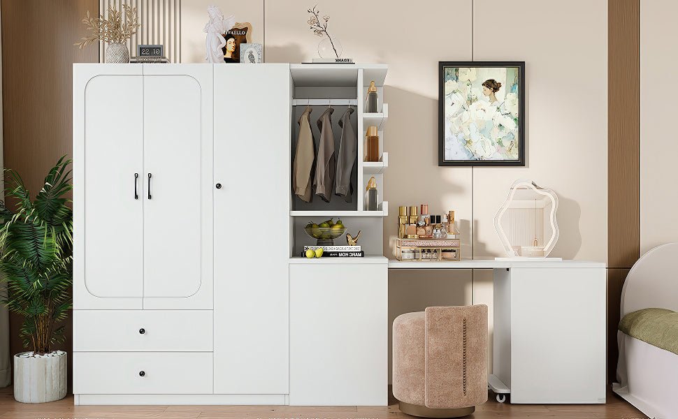 Multifunctional Wardrobe with 2 Doors and Hanging Rod, Wooden clothes closet with Convertible Desk and Storage Drawers, Multi - storage Spaces, for Bedroom, Cloak Room, Laundry, White - 1st Choice Furniture Direct