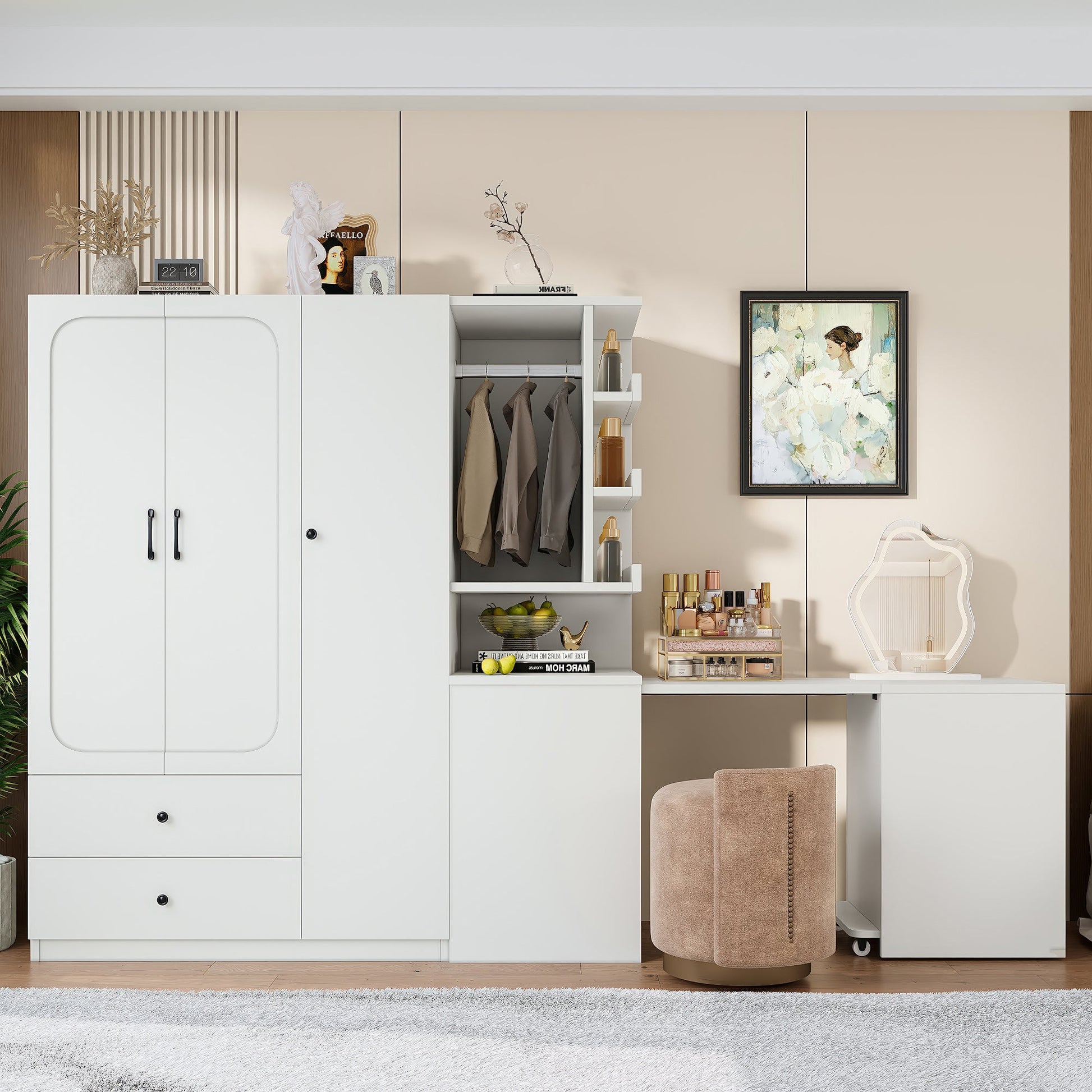 Multifunctional Wardrobe with 2 Doors and Hanging Rod, Wooden clothes closet with Convertible Desk and Storage Drawers, Multi - storage Spaces, for Bedroom, Cloak Room, Laundry, White - 1st Choice Furniture Direct