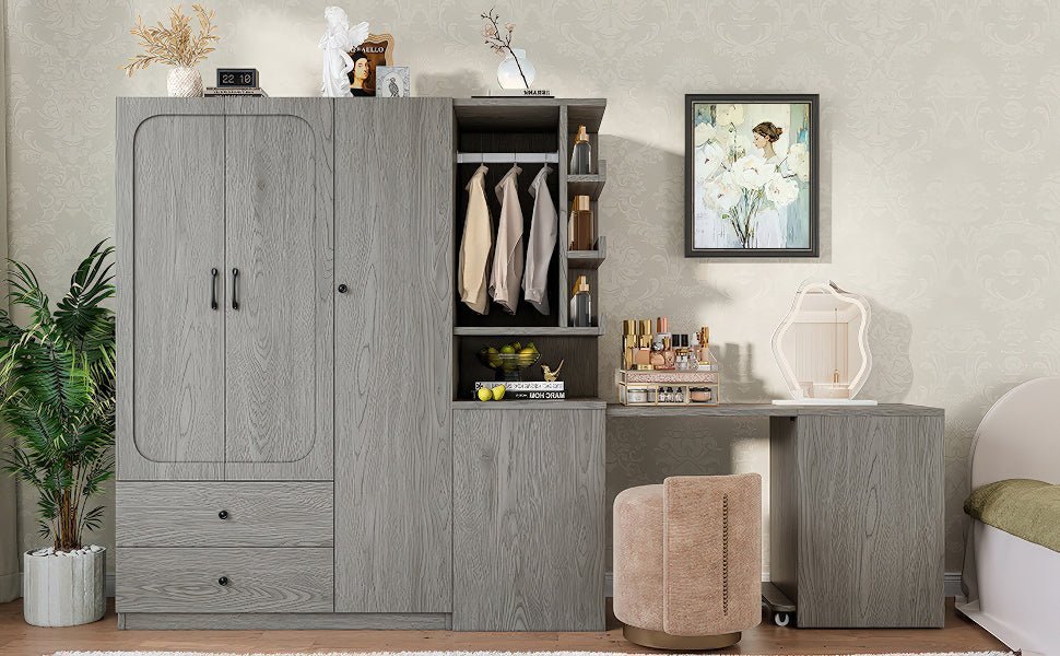 Multifunctional Wardrobe with 2 Doors and Hanging Rod, Wooden clothes closet with Convertible Desk and Storage Drawers, Multi - storage Spaces, for Bedroom, Cloak Room, Laundry, Gray - 1st Choice Furniture Direct