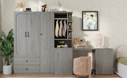 Multifunctional Wardrobe with 2 Doors and Hanging Rod, Wooden clothes closet with Convertible Desk and Storage Drawers, Multi - storage Spaces, for Bedroom, Cloak Room, Laundry, Gray - 1st Choice Furniture Direct