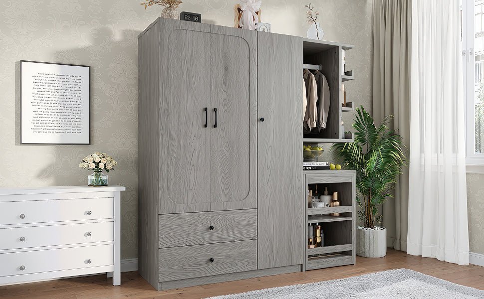 Multifunctional Wardrobe with 2 Doors and Hanging Rod, Wooden clothes closet with Convertible Desk and Storage Drawers, Multi - storage Spaces, for Bedroom, Cloak Room, Laundry, Gray - 1st Choice Furniture Direct