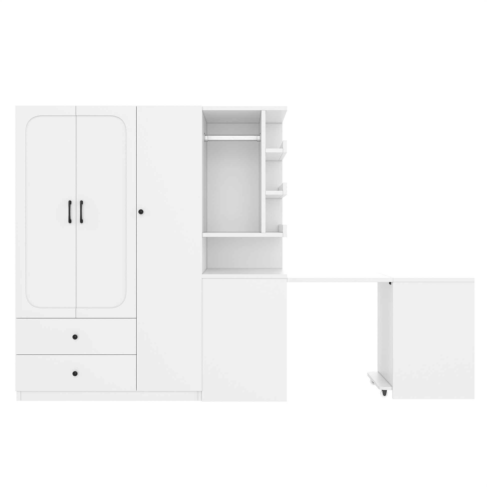 Multifunctional Wardrobe with 2 Doors and Hanging Rod, Wooden clothes closet with Convertible Desk and Storage Drawers, Multi - storage Spaces, for Bedroom, Cloak Room, Laundry, White - 1st Choice Furniture Direct
