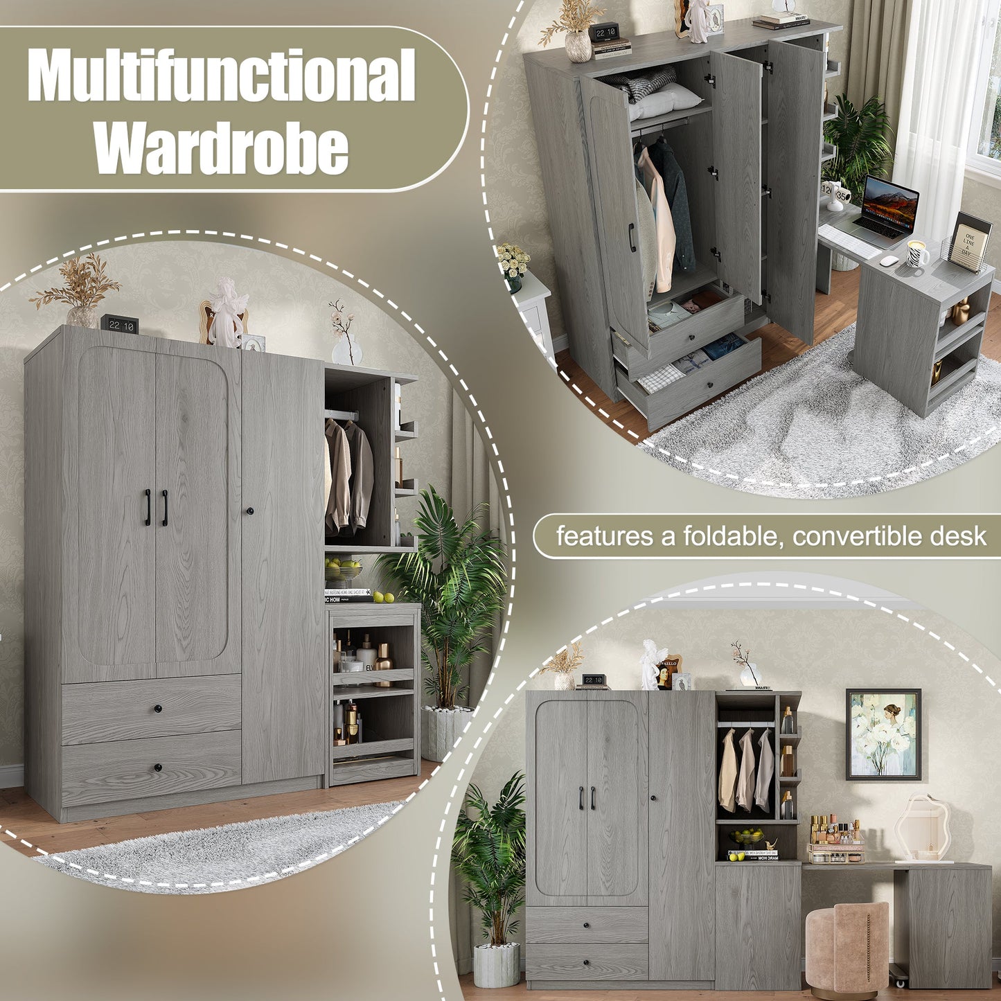 Multifunctional Wardrobe with 2 Doors and Hanging Rod, Wooden clothes closet with Convertible Desk and Storage Drawers, Multi - storage Spaces, for Bedroom, Cloak Room, Laundry, Gray - 1st Choice Furniture Direct