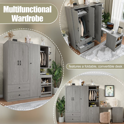 Multifunctional Wardrobe with 2 Doors and Hanging Rod, Wooden clothes closet with Convertible Desk and Storage Drawers, Multi - storage Spaces, for Bedroom, Cloak Room, Laundry, Gray - 1st Choice Furniture Direct