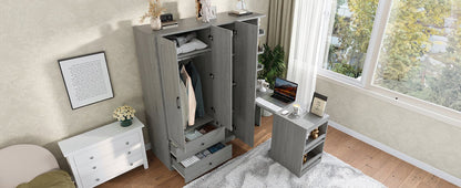 Multifunctional Wardrobe with 2 Doors and Hanging Rod, Wooden clothes closet with Convertible Desk and Storage Drawers, Multi - storage Spaces, for Bedroom, Cloak Room, Laundry, Gray - 1st Choice Furniture Direct