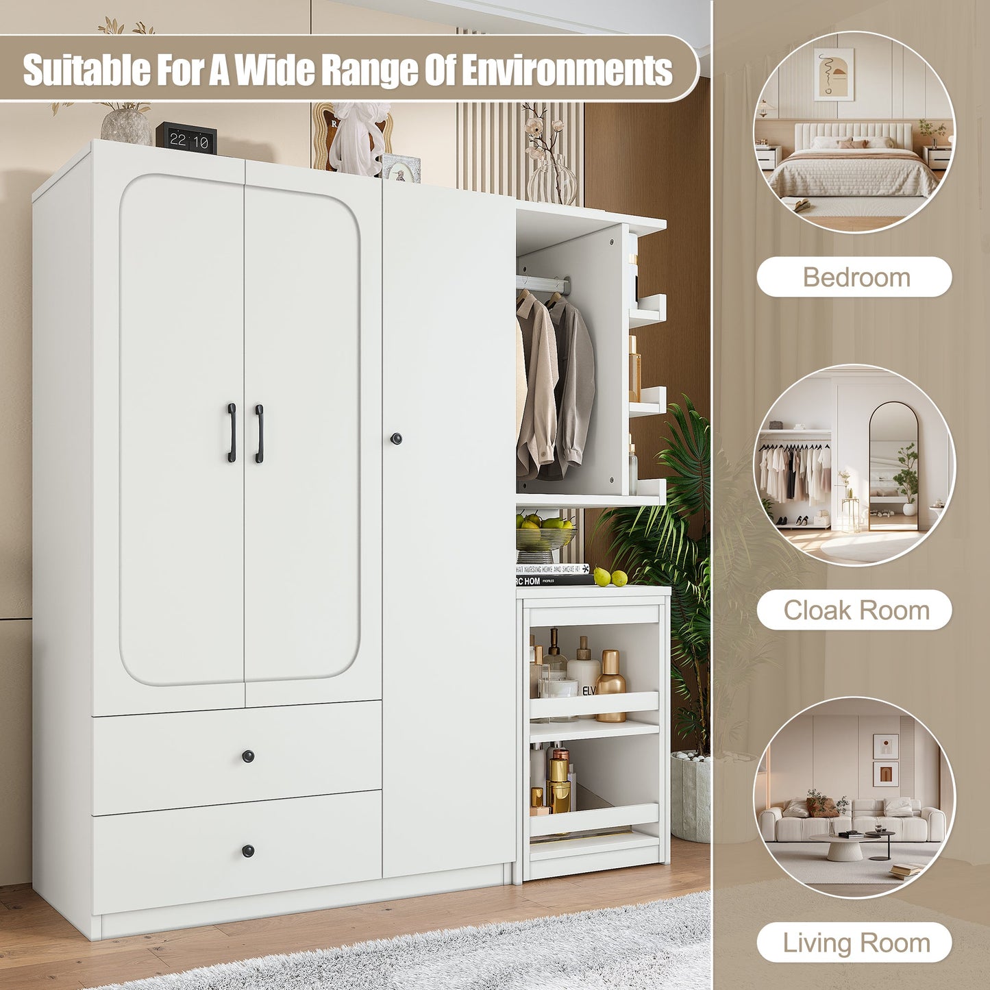 Multifunctional Wardrobe with 2 Doors and Hanging Rod, Wooden clothes closet with Convertible Desk and Storage Drawers, Multi - storage Spaces, for Bedroom, Cloak Room, Laundry, White - 1st Choice Furniture Direct