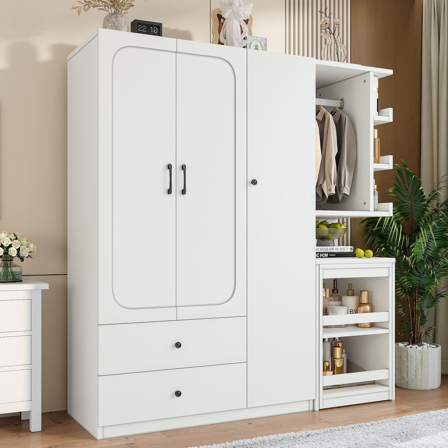Multifunctional Wardrobe with 2 Doors and Hanging Rod, Wooden clothes closet with Convertible Desk and Storage Drawers, Multi - storage Spaces, for Bedroom, Cloak Room, Laundry, White - 1st Choice Furniture Direct